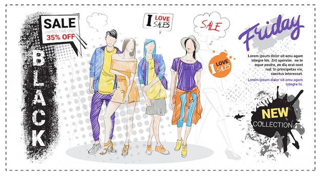 Black Friday Sale Template With Hand Drawn Fashion Models