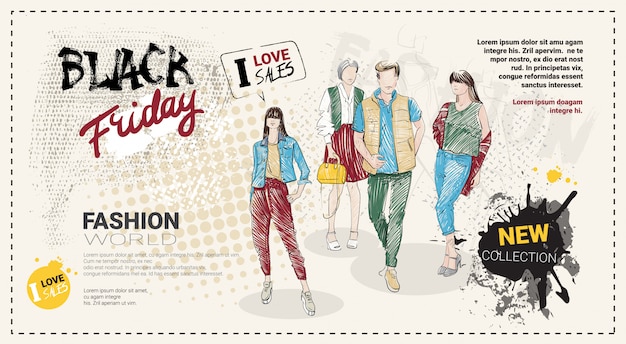 Black friday sale template with hand drawn fashion models