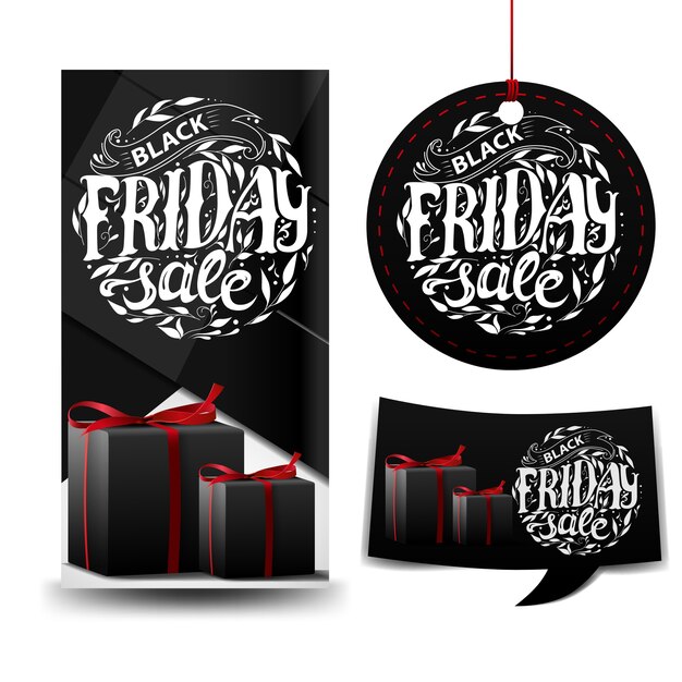 Vector black friday sale. three banners with gifts