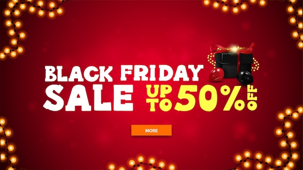 Black friday sale, up to 50% off, bright horizontal discount banner in cartoon style with red blurred background, large offer, button, garland and black presents decorated with garland and balloons