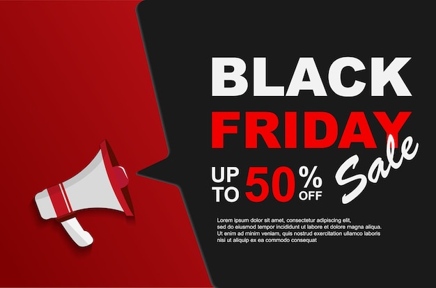 Vettore saldi del black friday fino al 50% di sconto con i megafoni.