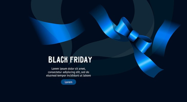 Black friday sale web banner with blue ribbon realistic vector illustration