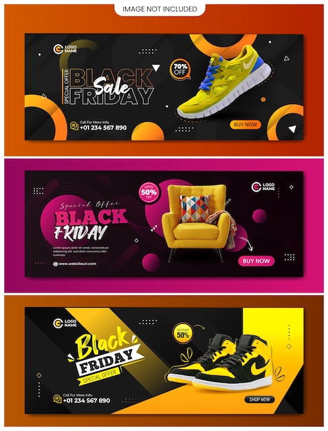 Vector black friday sale website banner design with three different color and designs