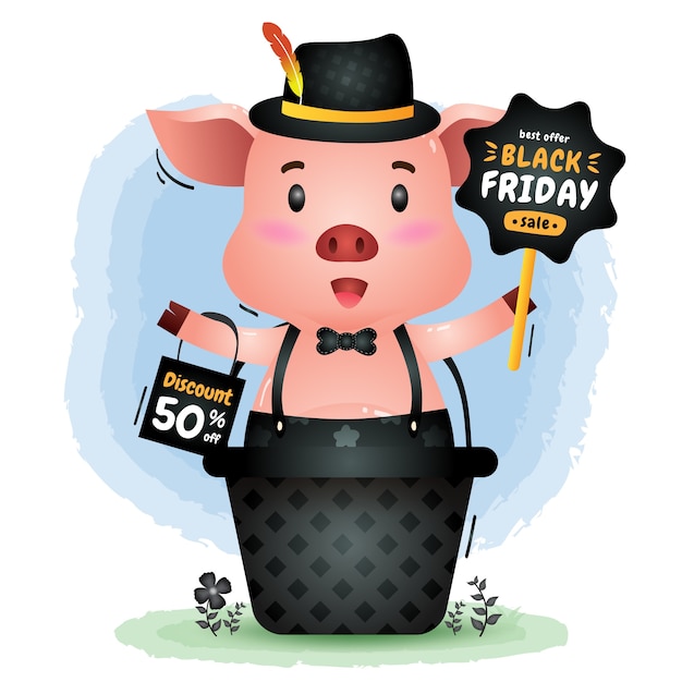 Распродажа в черную пятницу с милой свиньей в корзине, продвижение доски и иллюстрация сумки для покупок
