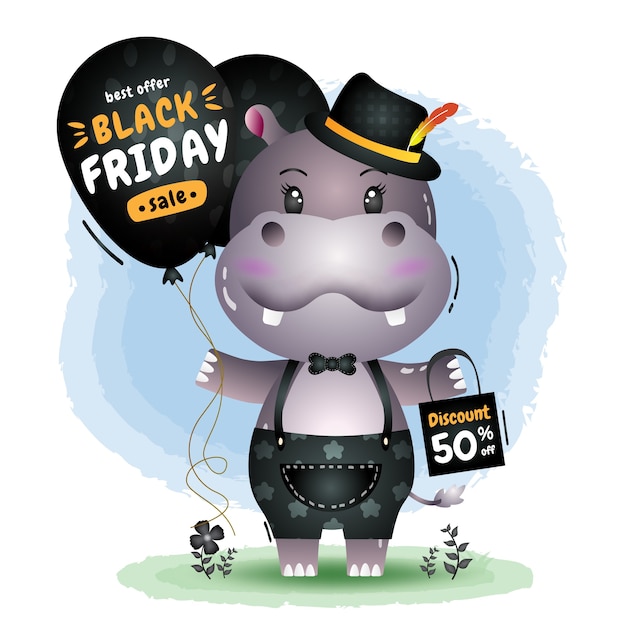 Vendita venerdì nero con un simpatico ippopotamo tenere palloncino promozione e illustrazione del sacchetto della spesa