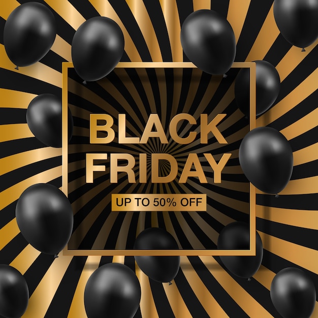 Black friday sale  with shiny balloons with golden square frame.