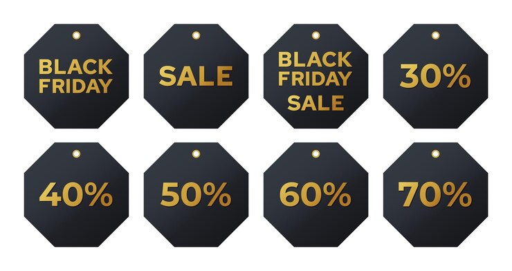 Vector black friday sales labels discount tags golden letters on a dark background collection vector set realistic stickers template with great deals