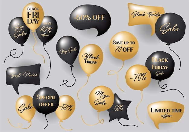 Vector black friday set of balls glamorous balls of black and gold colors