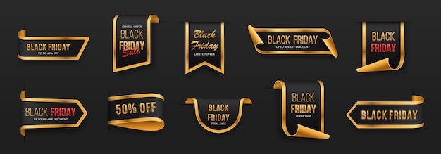 Black friday set blackgolden scrolls and banners isolated