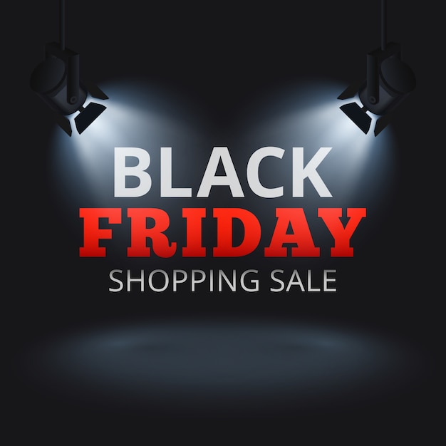 Fondo di vettore di vendita di acquisto di black friday con i riflettori in scena ed il testo illuminato. insegna nera di sconto di venerdì, illustrazione di pubblicità di promozione