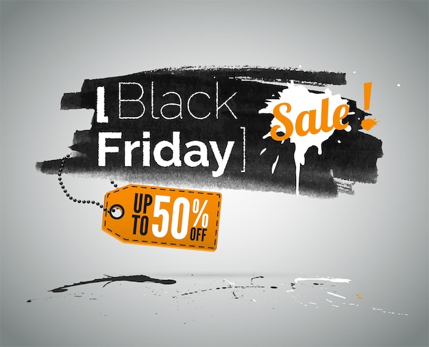 타이포그래피가 있는 검은 금요일 쇼핑 판매 벡터 삽화. 저가광고. 상점 특별 제공 프로모션. 최대 50% 할인 태그 할인