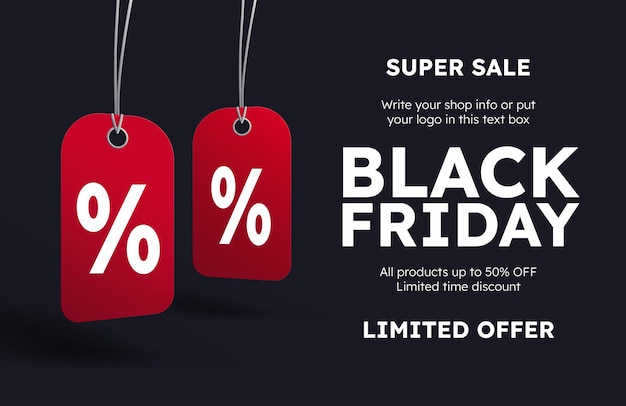 Vector black friday social media banner met 3d prijskaartjes in rood op zwarte achtergrond. vector illustratie