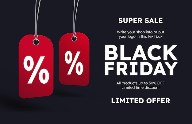 Black Friday social media banner with 3d price tags in red on black background. Vector illustration