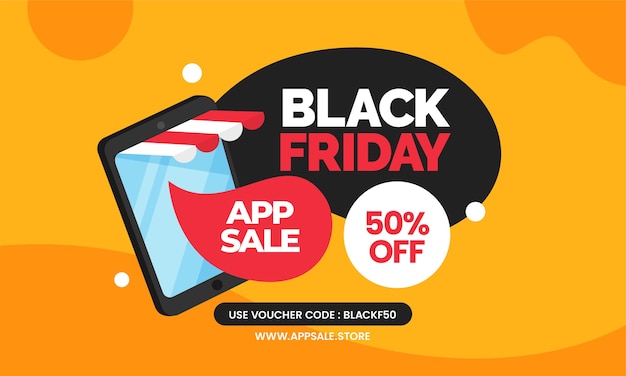 Black friday software app sale online store promotion banner template design with mobile smartphone