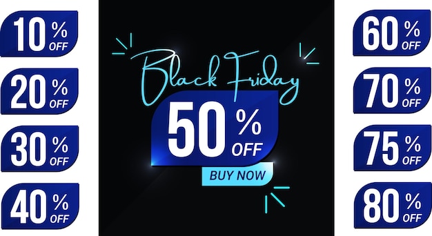 Vettore adesivo black friday square con sconto percentuale vendita tag blu prezzo dell'offerta