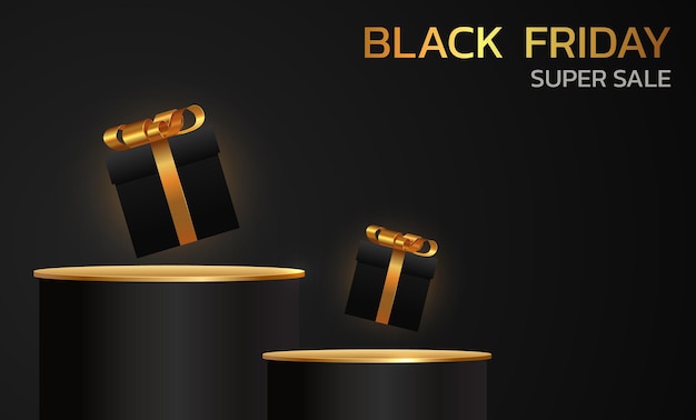 Black Friday Super Sale Banner poster op donkere achtergrond podium te koop