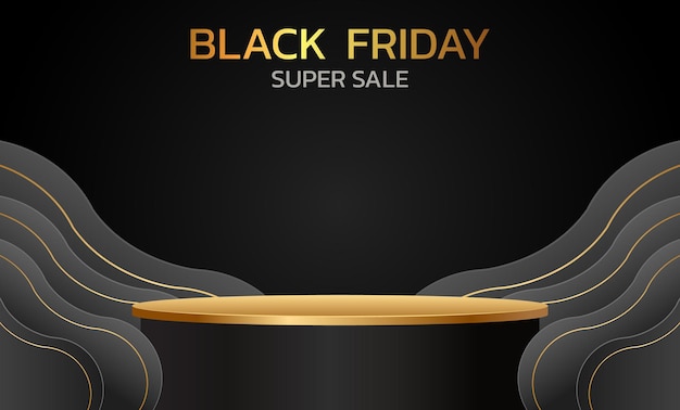 Vector black friday super sale banner poster op donkere achtergrond podium te koop