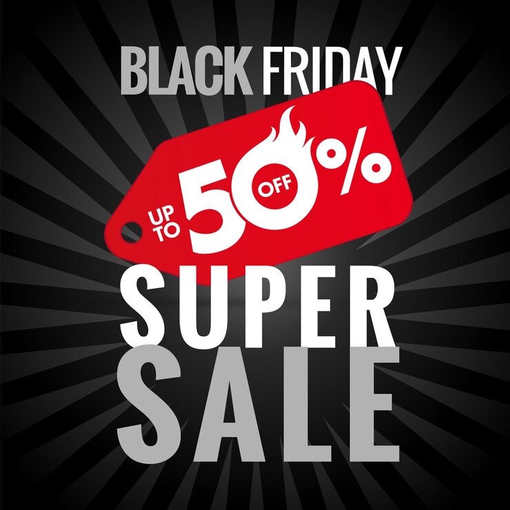 Vector black friday, super sale banner, up to 50 percent off red label. special offer poster design.