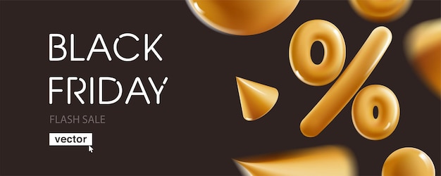 Vettore banner di super vendita del black friday con cono di segno di percentuale in oro e sfere su sfondo nero