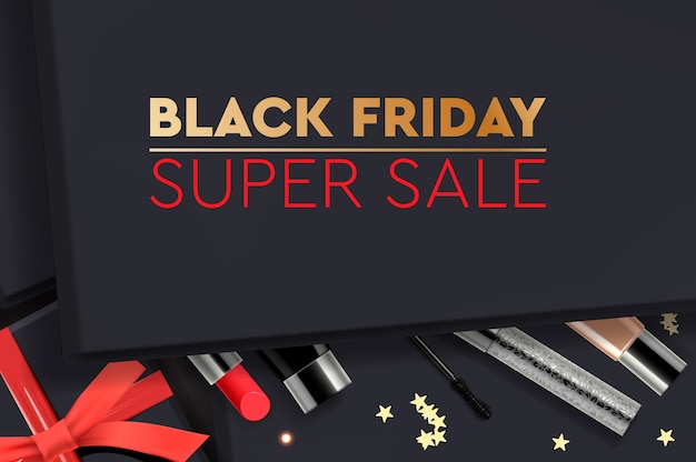 Black friday super sale. black gift box with cosmetics products.