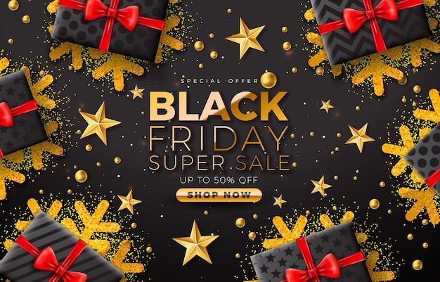 Black friday super sale design with golden snowflakes and gold text lettering on dark background