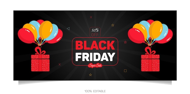 Vettore modello di banner per super saldi e sconti del black friday con palloncini da colorare e confezione regalo