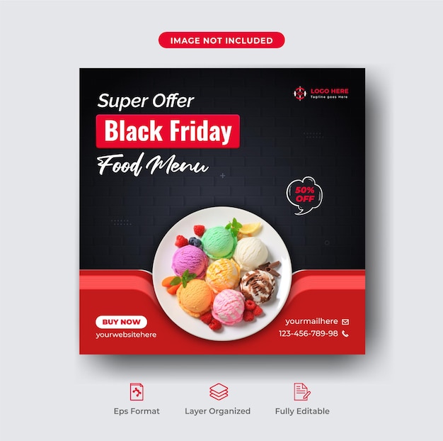 Black friday super sale food menu social media post of banner template premium vector