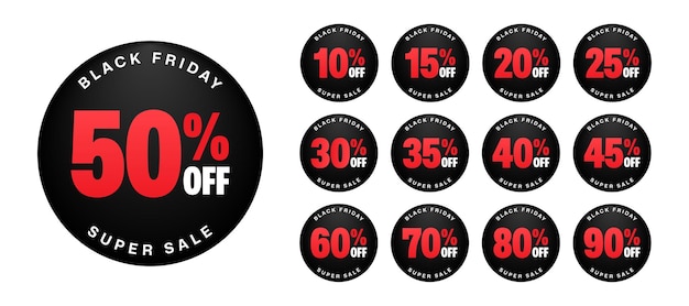 Black Friday Super Sale met 10 20 30 40 50 60 70 80 90 procent korting op icoon of label set