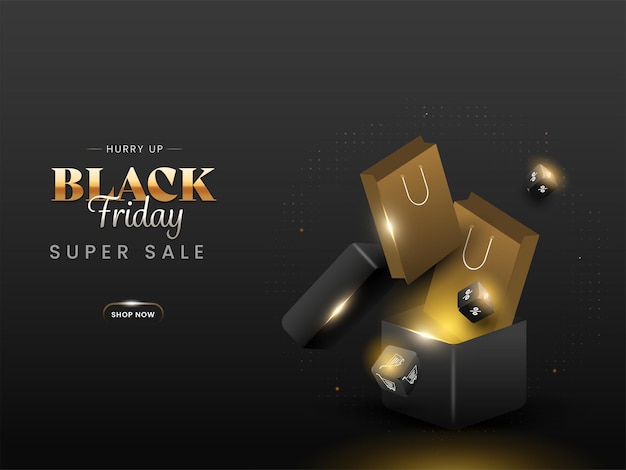 Black friday super vendita poster design con dadi percentuali 3d, borse della spesa e scatole su sfondo nero.