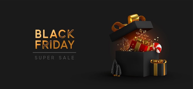 Black Friday Super Sale. Realistic black gifts boxes. Open gift box full of decorative festive object. Golden text lettering. New Year and Christmas design. Xmas background. vector illustration