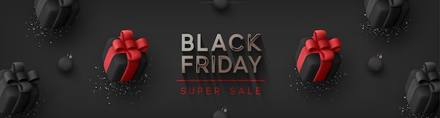 ベクトル ブラック フライデー スーパー セール。現実的な黒いギフト ボックス。赤い弓の付いたギフト ボックスのパターン。暗い背景の銀色のテキスト レタリング。横型バナー、ポスター、ヘッダー web サイト。ベクトル イラスト
