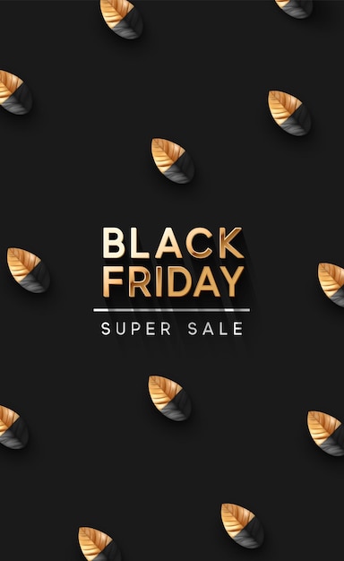 Black Friday Super Sale. Realistic leaf petals painted black and gold color. Dark background golden text lettering. Pattern banner, poster, header website. vector illustration