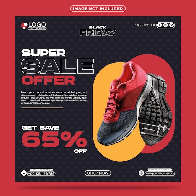 Black friday super sale sneakers shoes offer social media post template design