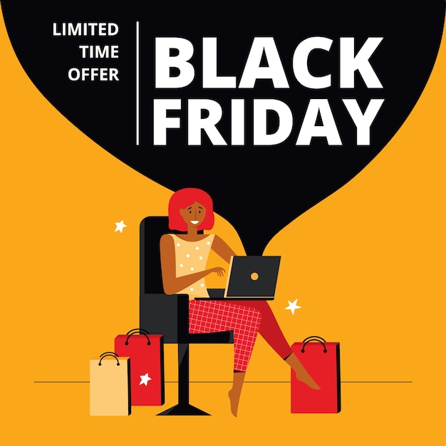 Vector black friday super sale with discount for social media. happy woman makes purchases at an online sale using a laptop from home