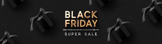 Black Friday Superuitverkoop. Realistische zwarte geschenkdozen. Patroon met geschenkdoos. Donkere achtergrond gouden tekst belettering. Horizontale banner, poster, koptekst website. vectorillustratie