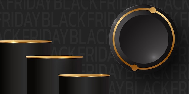 Vector black friday-superverkoop. banner, poster op donkere achtergrond. podium te koop.