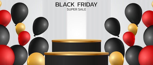 Vector black friday-superverkoop. banner, poster op donkere achtergrond. podium te koop