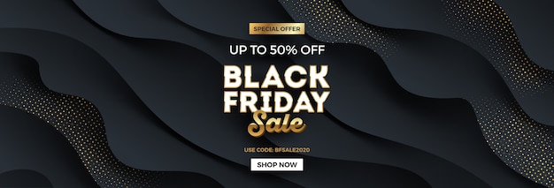 Black friday template design - Black fluid wavy layered shape with golden halftone.