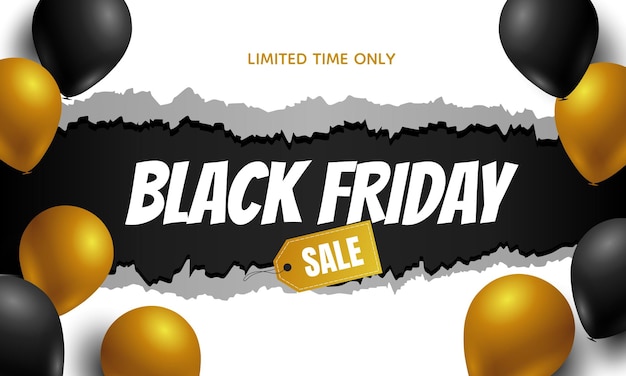 Black Friday torn paper background with gold and black balloons