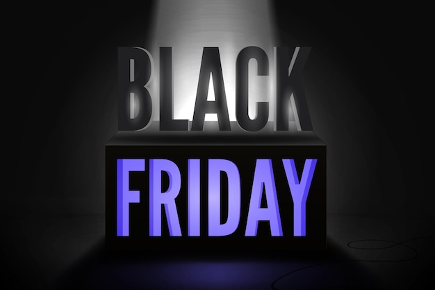 Vector black friday total sale vector banner template. stylish capital letters inscription illuminated by limelight. stylish seasonal shopping event ads on 3d cube. neon light discount offer poster design