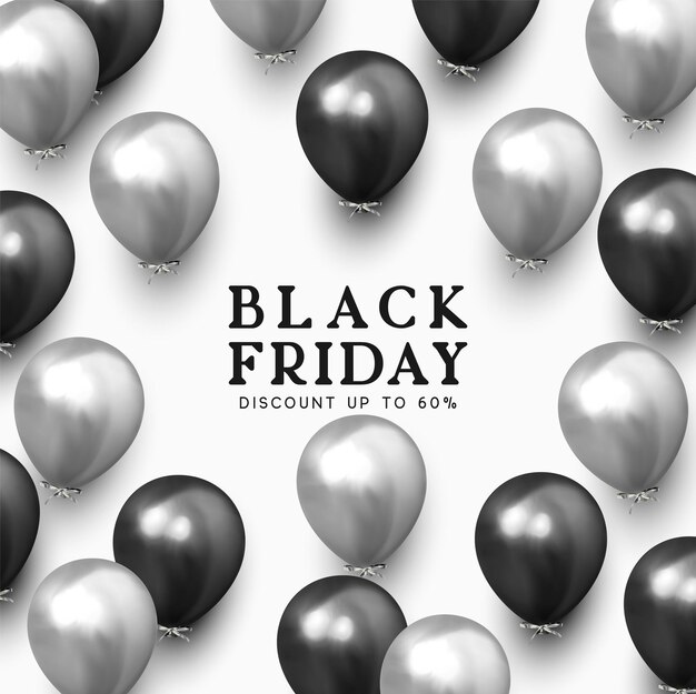 Black Friday-uitverkoop. Achtergrond met zwarte en zilveren ballonnen. Vakantiebanner, webposter, flyer, omslagkaart, Feestelijke vieren achtergrondballons. Vector illustratie