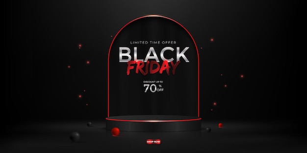 Black friday-uitverkoop met 3D-realistische cilindervoetpodiumfonkelingen en 3D-glanzende ballen