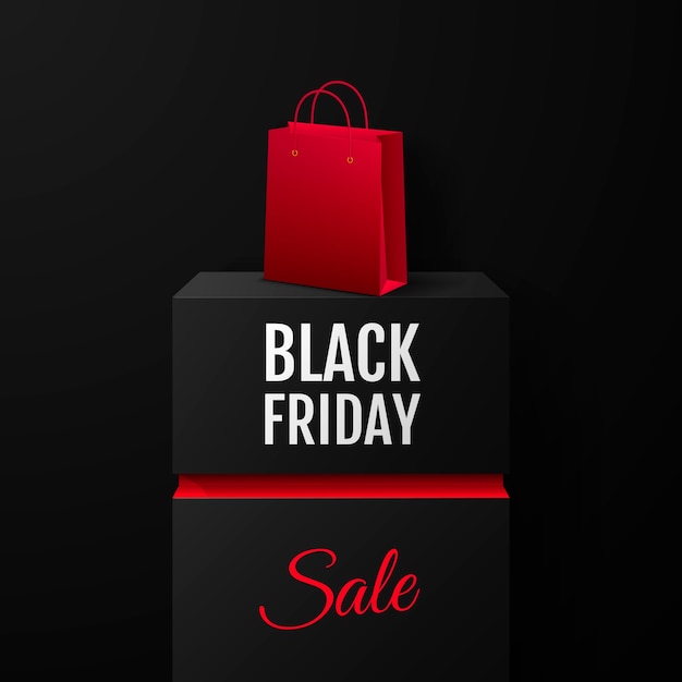 Black Friday-uitverkoop. Promotionele banner op vierkante zwarte kolom met productzak.