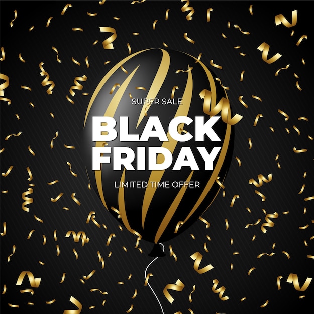 Black friday-uitverkoopkortingspromo zwarte en gouden ballon met gouden lint