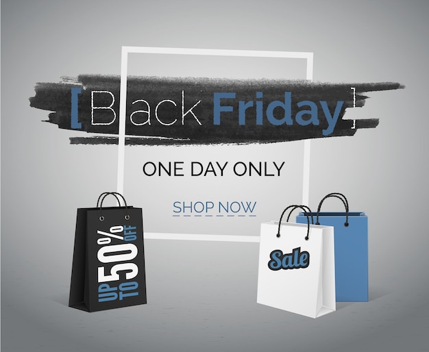 Black friday vector banner with bags and frame. big discounts on technology and gadgets with blue and white sale asvertise.