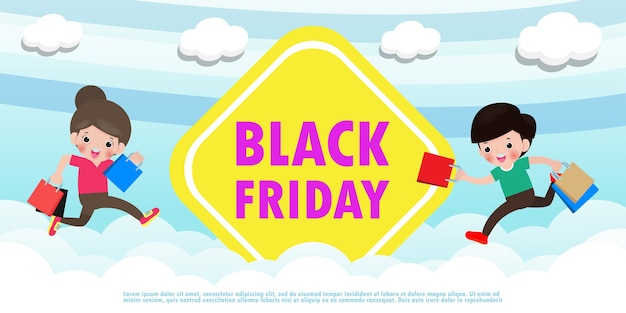 Black friday verkoop evenement mensen tekens cartoon met boodschappentas springen op lucht en wolk, reclame poster banner grote korting promo concept geïsoleerde achtergrond