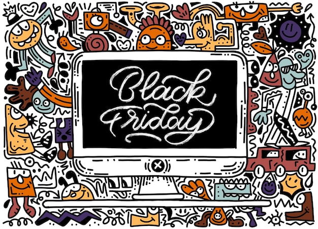 Black Friday-verkoop hand getrokken illustratie. hand belettering en doodles elementen