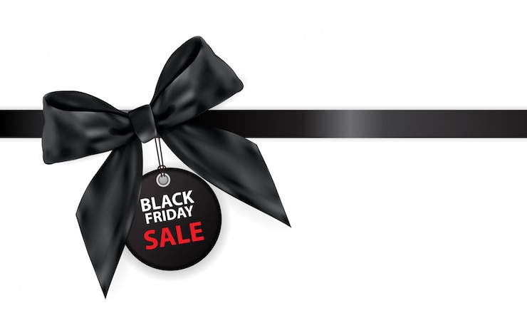 Vector black friday-verkoop labei met boog en lint op wit wordt geïsoleerd dat