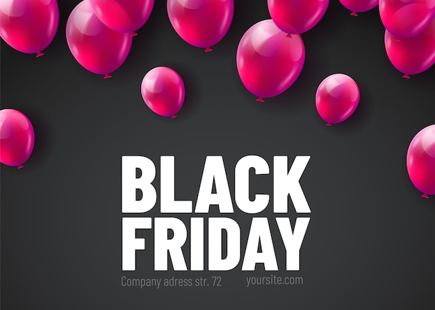 Black friday verkoop poster met glanzende ballonnen bos geïsoleerd op zwarte achtergrond.