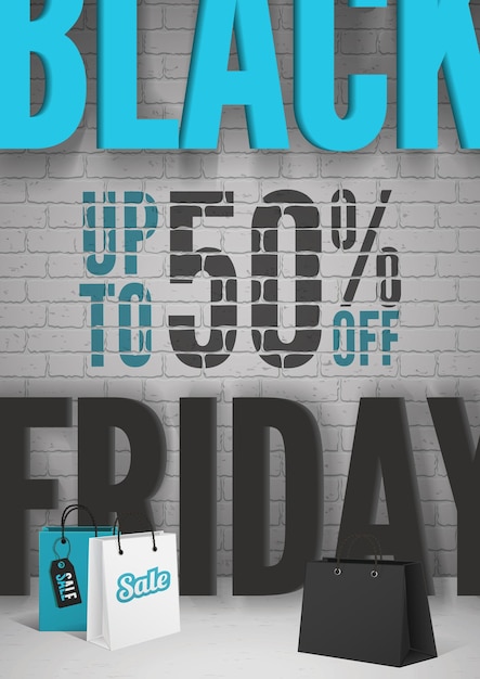 Vector black friday verkoop realistische 3d-vector poster sjabloon. supermarkt boodschappentassen illustratie. speciale aanbiedingen voor klantenpromotie. 50 procent korting op de lay-out van reclamebanners